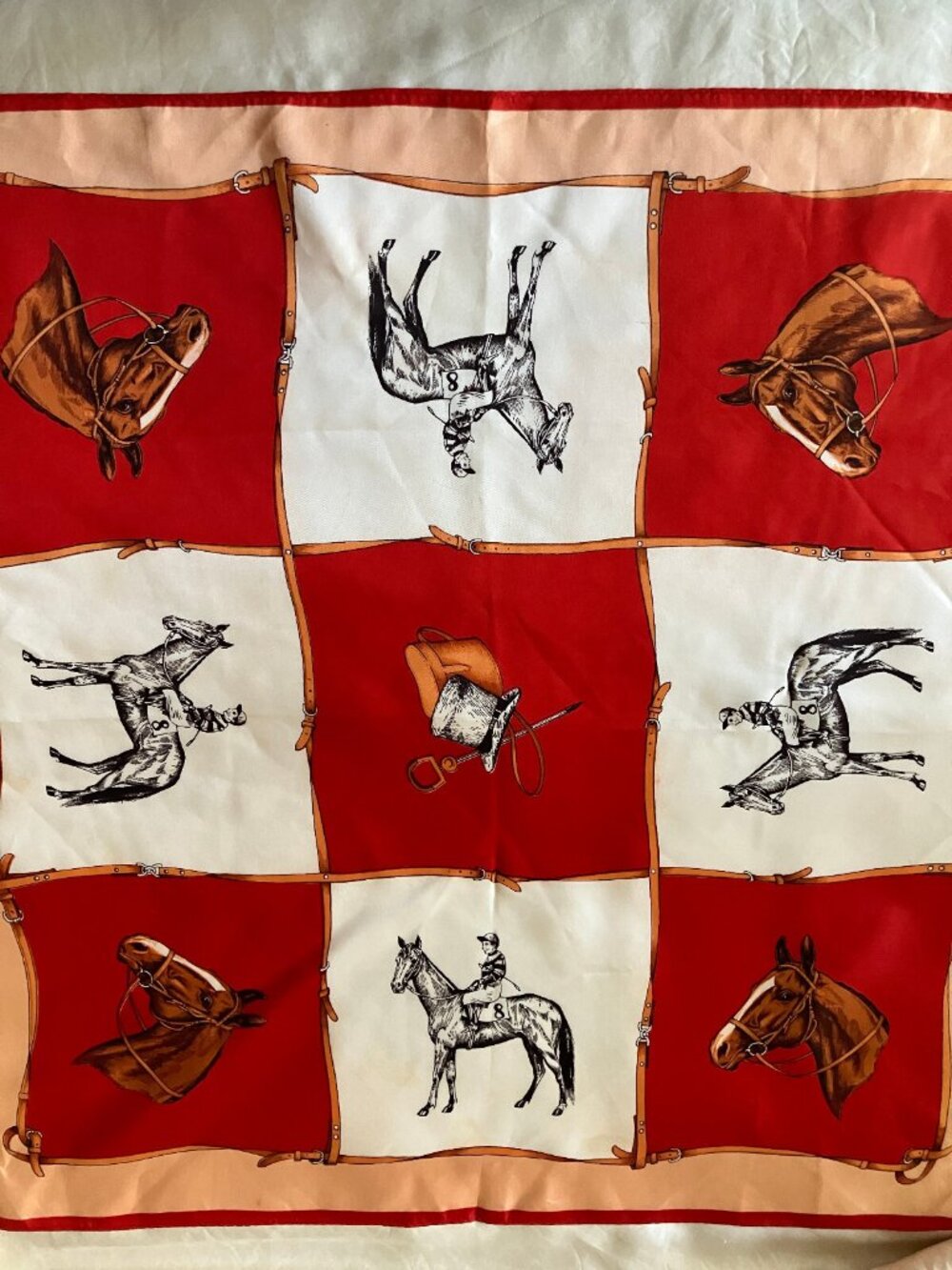 Vintage Jockey Horses print Japanese Red White Square Scarf Wrap Handkerchief